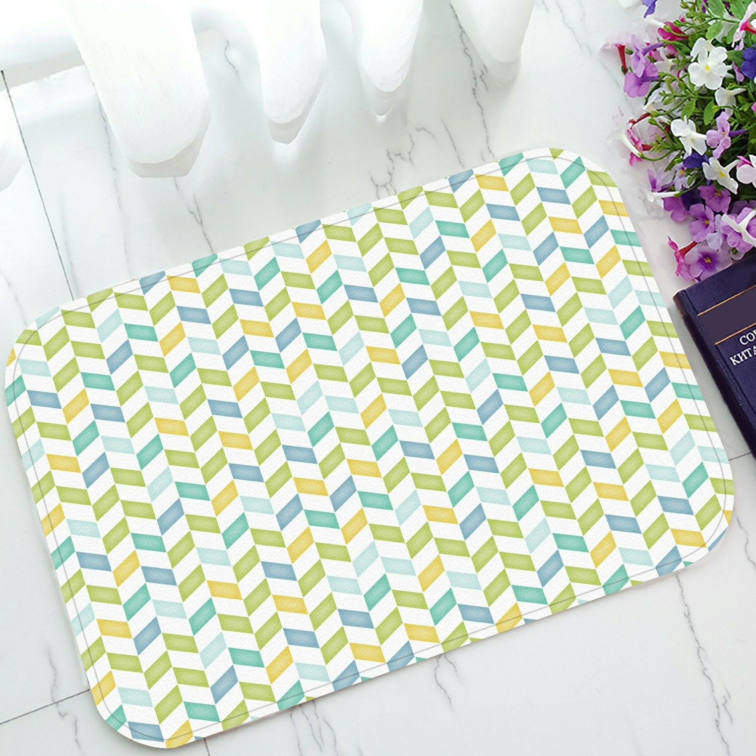 ECZJNT Blue Green Yellow Teal Chevron Doormat Bath Mat Rug Entrance Rug