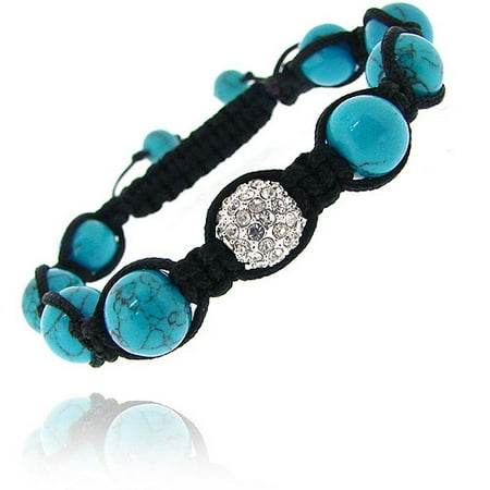 African Turquoise Bracelet - Crystal Fireball & Created Turquoise 10mm Shamballa Adjustable Shamballa Bracelet, 7.5
