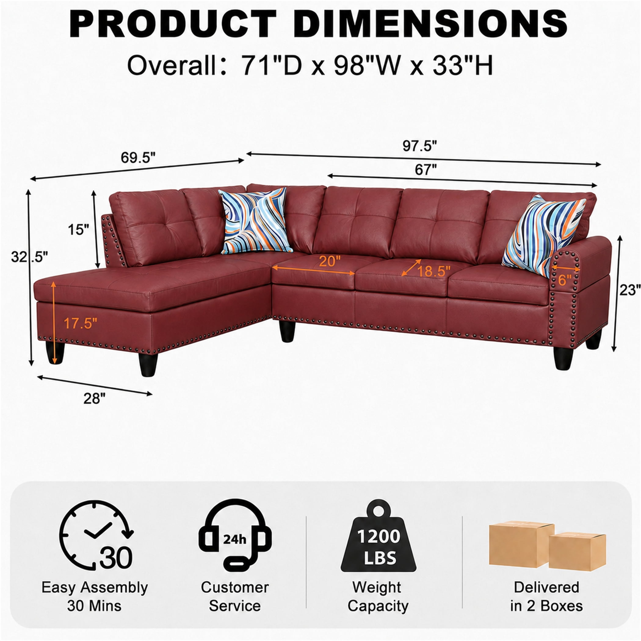 Aukfa 98" L Shaped Sectional Couch with Cup Holder Console, Tufted Back&Nailhead Trim, Oversized Left Chaise Leather Sofa for Living Room, Red