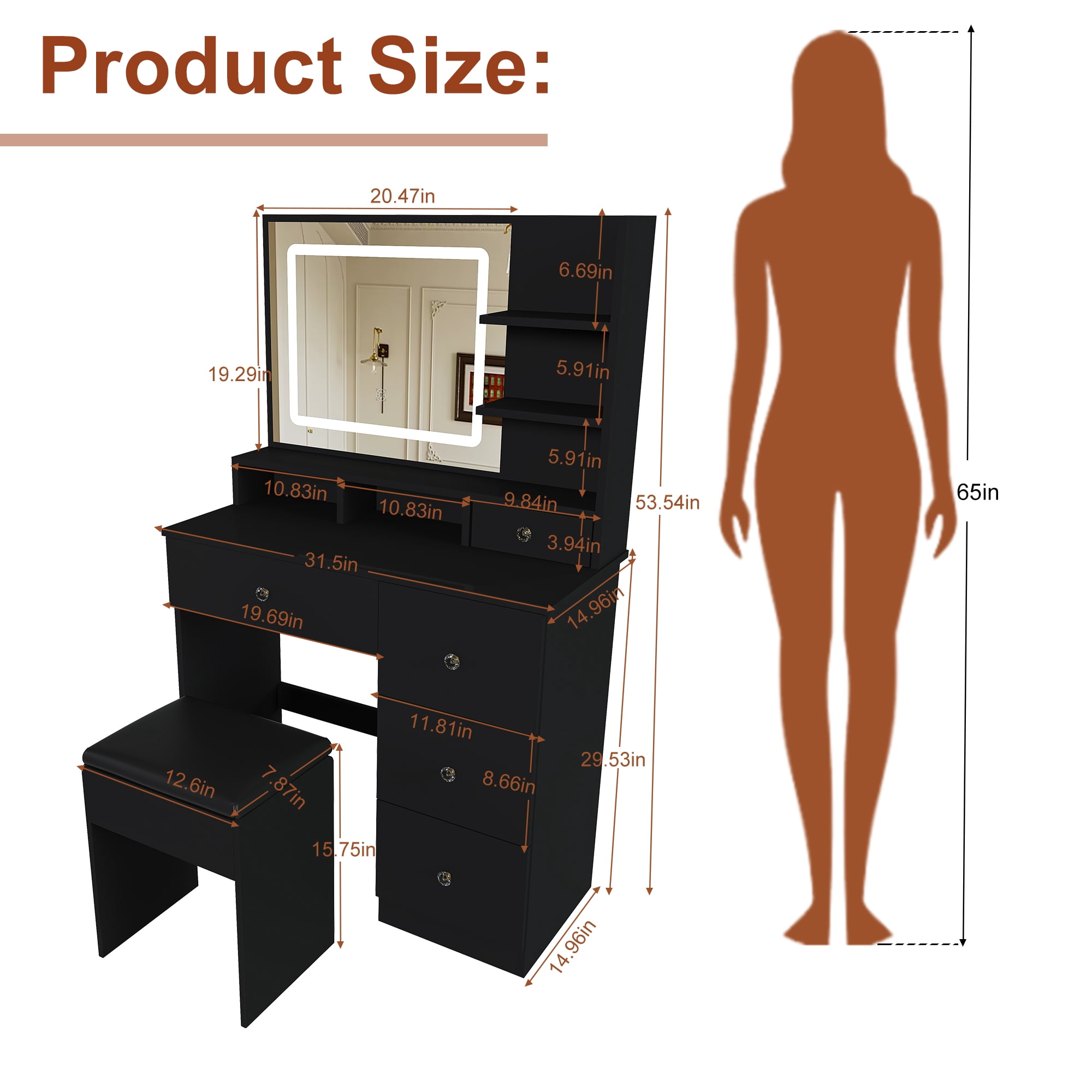 Mintazer Dressing Table with LED Lighted Mirror & 5 Drawers, Makeup Vanity Desk with Open Storage Shelf & Cushioned Stool for Bedroom Apartments, Black