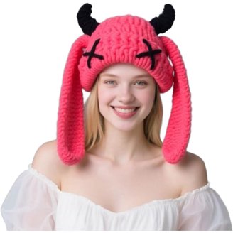 BLSCODE Cute Bunny Beanie With Ears Trendy Label Patch Long 