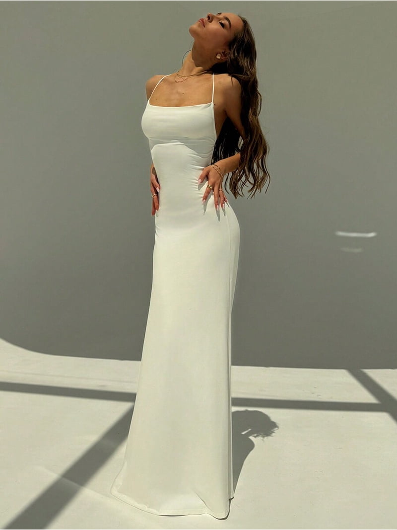 White Spaghetti Strap Backless Maxi Dress With Tie-Up Detail, Elegant Evening Party Gown