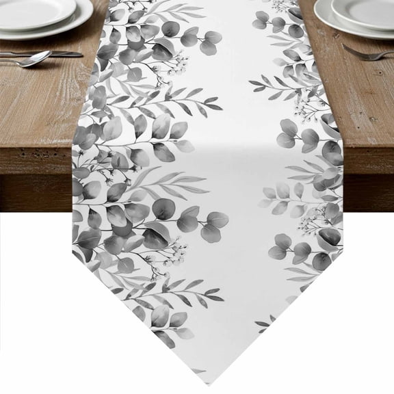 Table Runners 48 Inches Long, Grey Eucalyptus Leaves Cotton Linen Kitchen Dining Coffee Table Runner for Party Home Decor, Watercolor Spring Summer Botanical Tabletop Dresser Scarves 13x48 Inch