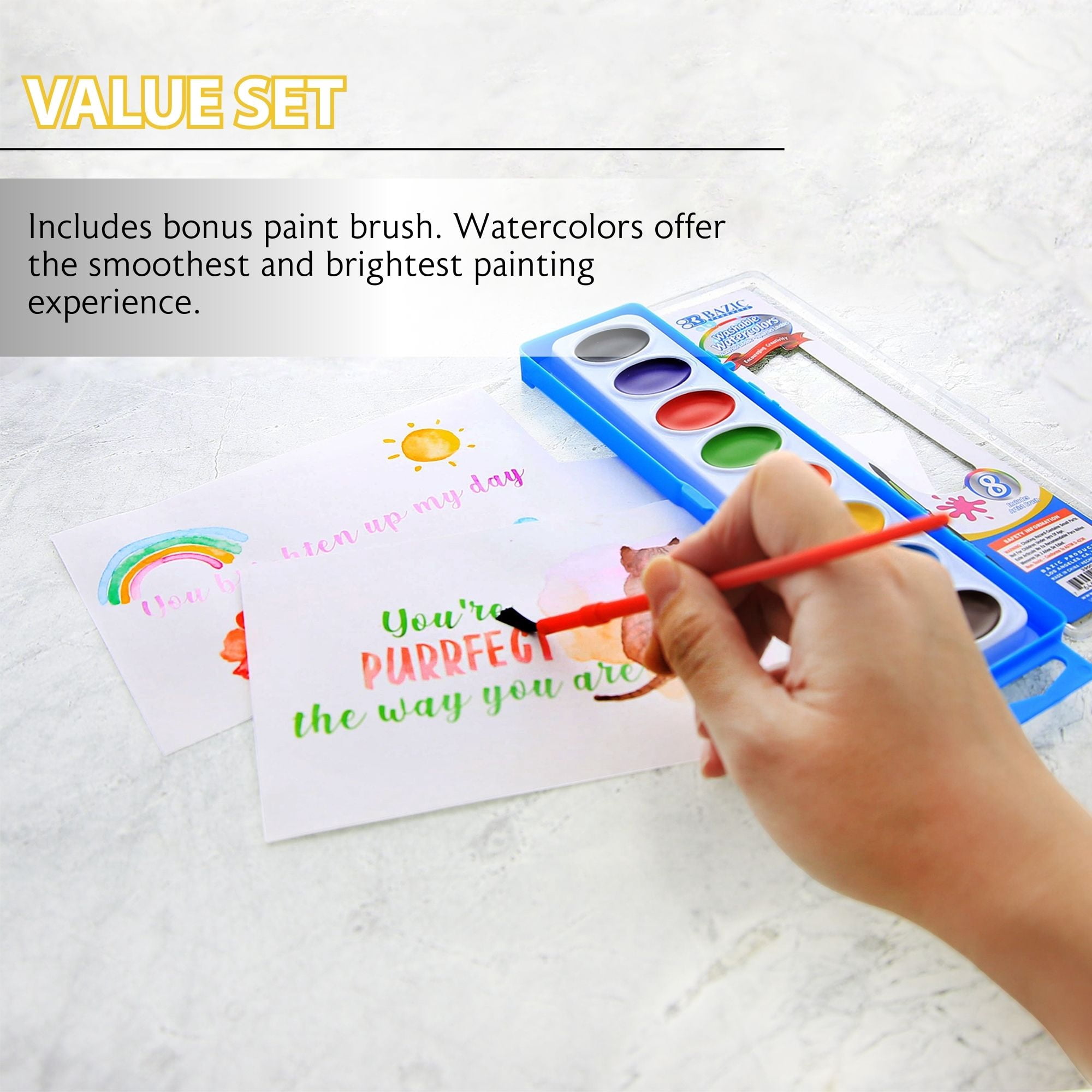 BAZIC Watercolor w/ Brush Semi Moist 8 Color, Non-Toxic Paint Set, 24-Pack