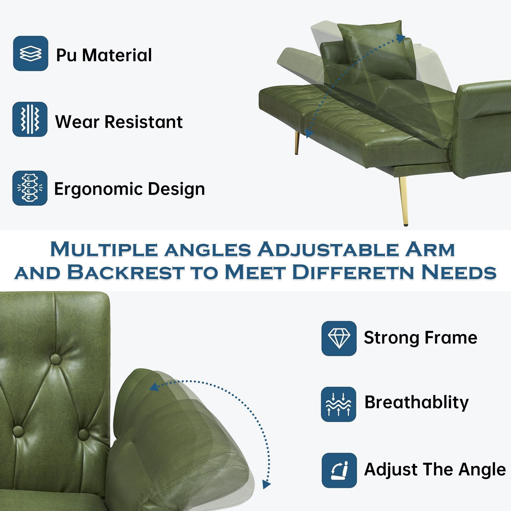 DEALTOPS Convertible Futon Sofa Bed, Faux Leather Loveseat Couch with Adjustable Armrests and backrests, Green