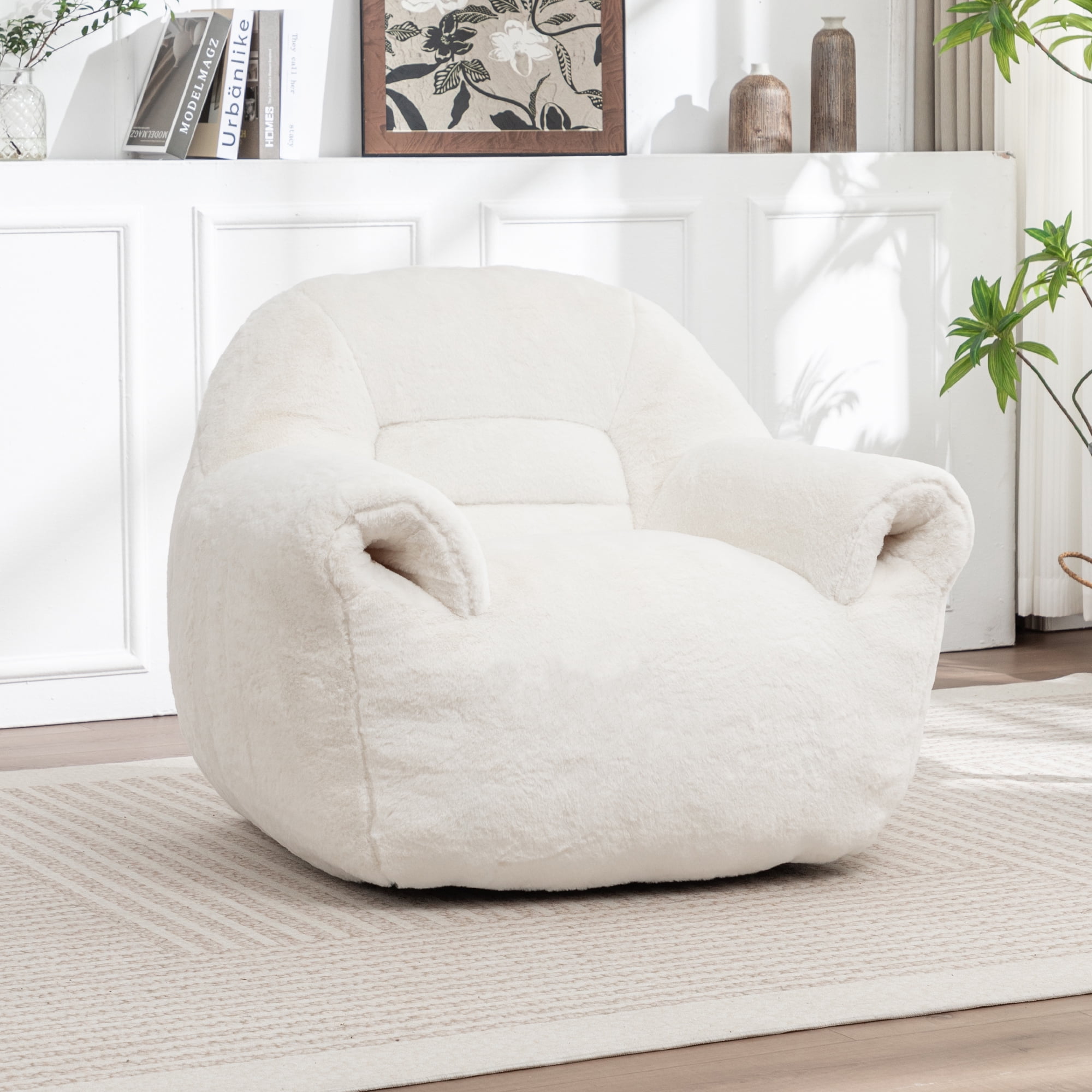 Leumius Bean Bag Sofa with Back Support,Faux Fur Bean Bag Chair Floor Sofa for Living Room, Bedroom, Apartment,White
