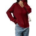 thumbnail image 3 of Women Long Sleeve Cable Knit Sweater Fashion V Neck Fitted Pullover Top Business Casual Fall Outfits Wine Red L, 3 of 7