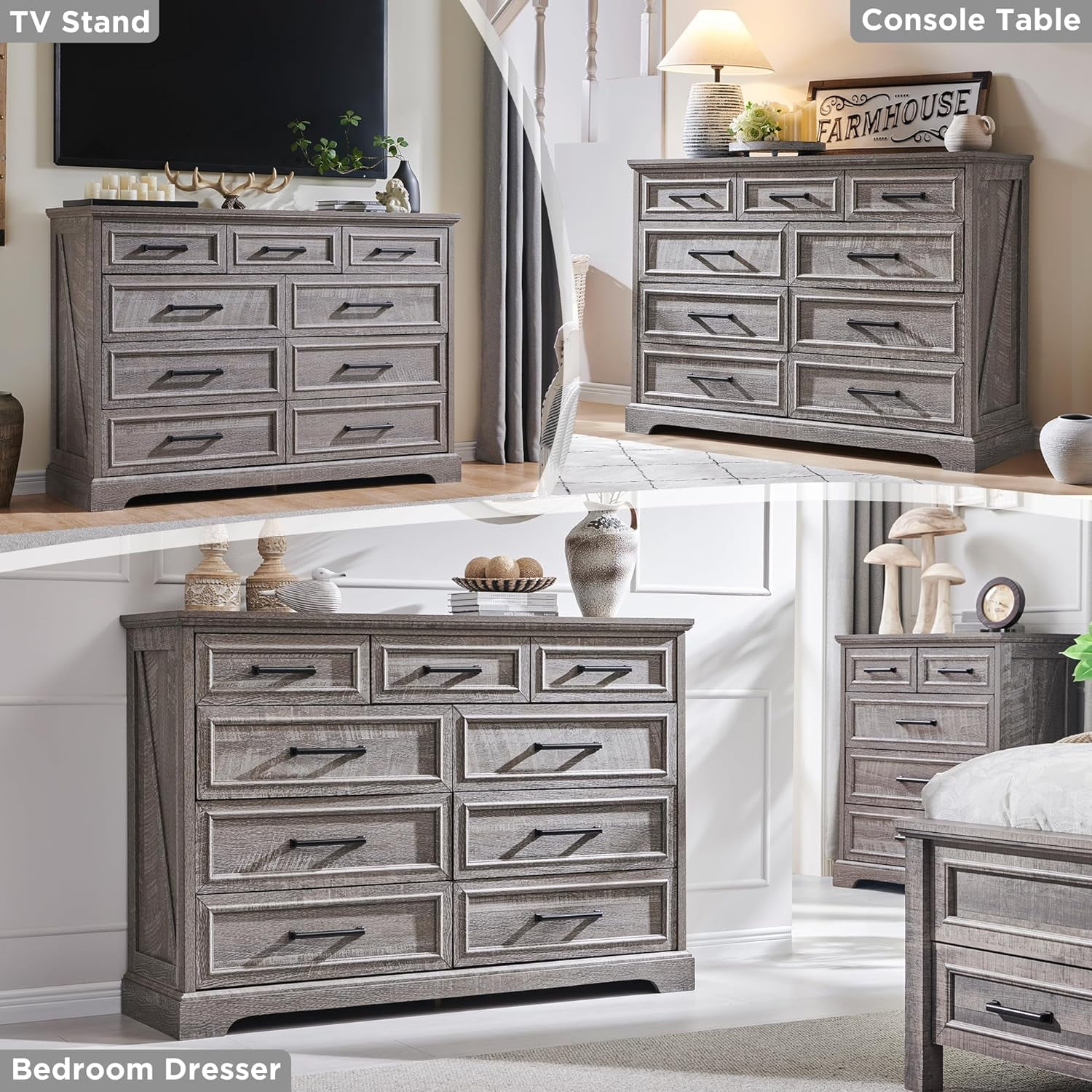 ACCOHOHO Farmhouse 9 Drawers Dresser, Rustic Wood Dresser Chest of Drawers for Bedroom，TV Stand with Large Drawers for Living Room，Grey