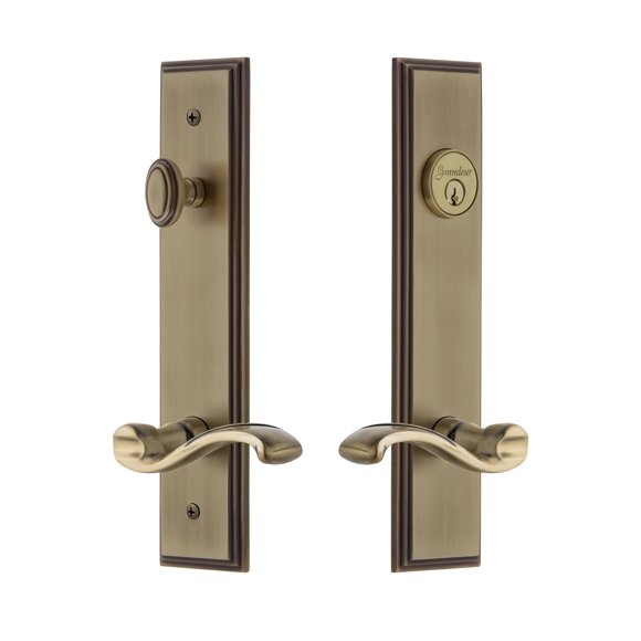 Grandeur Hardware 841507 Carre' Tall Plate Complete Entry Set with Portofino Lever, Backset Size - 2.375", Vintage Brass