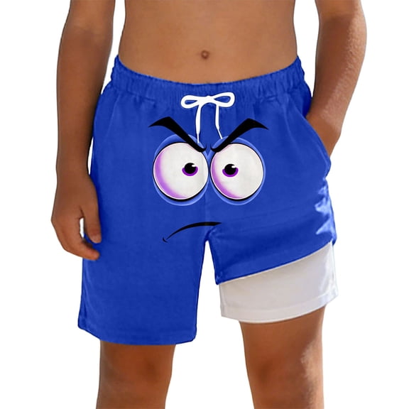 Youth Boy Swimwear Outfit Funny Face Print Trunks Shorts Liner Comfortable Pool Party Boys Performance Suit,Blue,14-16 Years