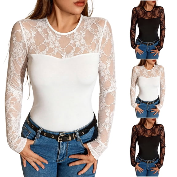 Lace Long Sleeve Bodysuit for Women Crew Neck Body Suits Slimming Going Out Concert Tops Fall White XL(XL)