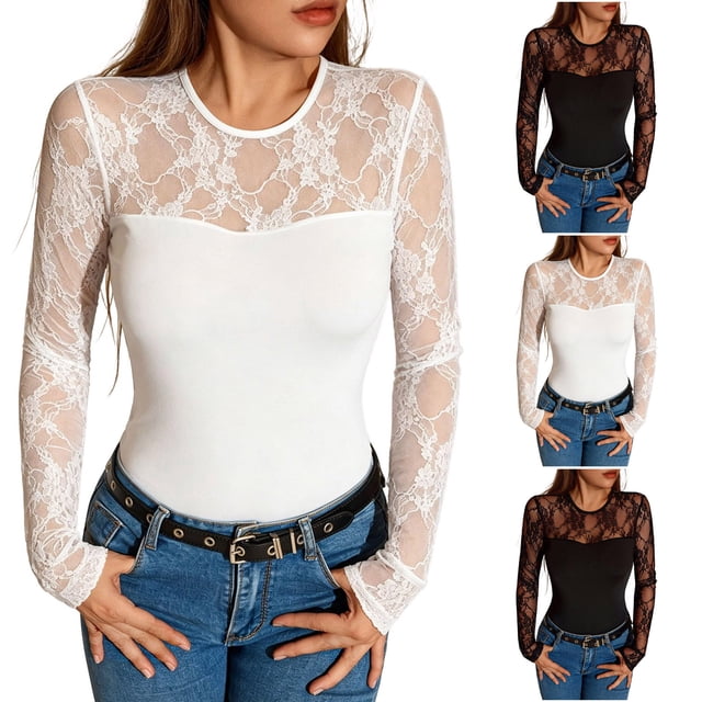 Neewe Long Sleeve Shirts for Women's Lace Tops Mesh Sheer Crew Neck Shirts Breathable Spring Fall Going Out Blouse