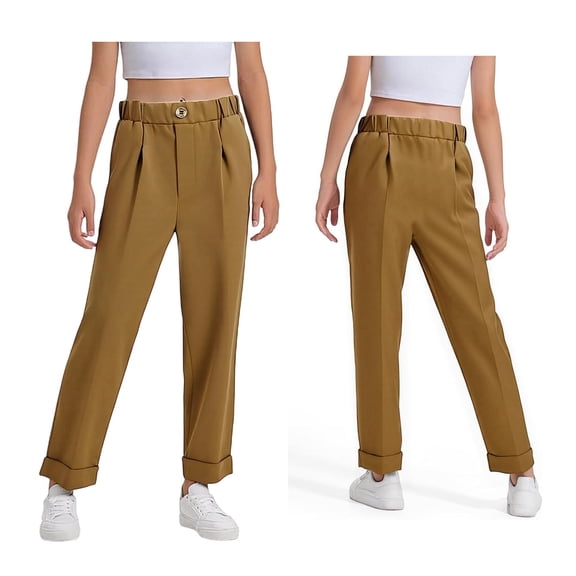 Kids School Uniforms Girls Dress Pants Elastic Waist Pants with Pockets Girls Coffee School Pants Back To School Slim Fit Clothes Size 8-9 Years Youth