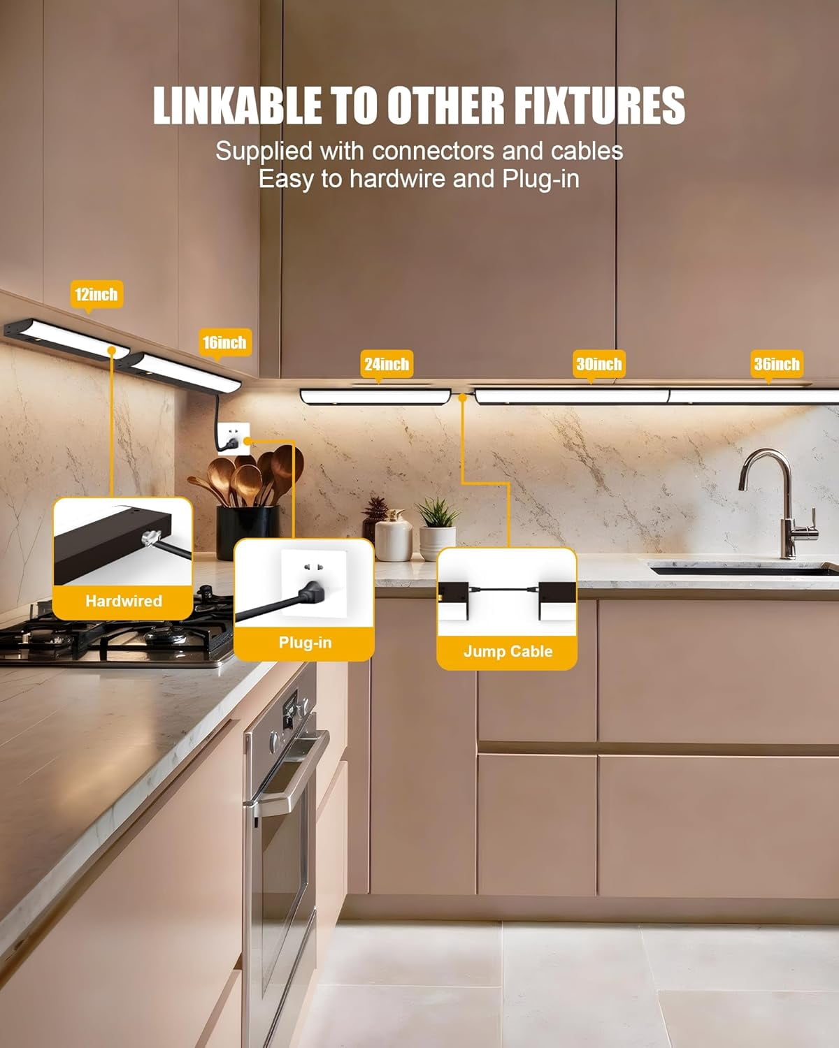 JJEAN-Hardwired Under Cabinet Lighting, 12 inch 3CCT with Triac Dimmable, 8W Linkable Under Counter Lights for Kitchen, CRI 97, 96 LED 700 Lumen Under Cabinet Lights with 2 Cord, Brown