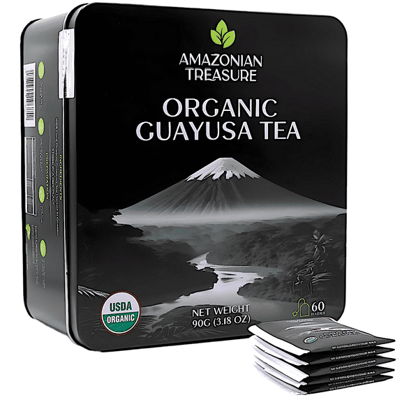 Amazonian Treasure, Organic Guayusa Tea Bags - 60 Count, Coffee Alternative, 50mg Natural Caffeine, Energy & Focus Booster, Freshness Preserving Tin, Perfect for a Gift.