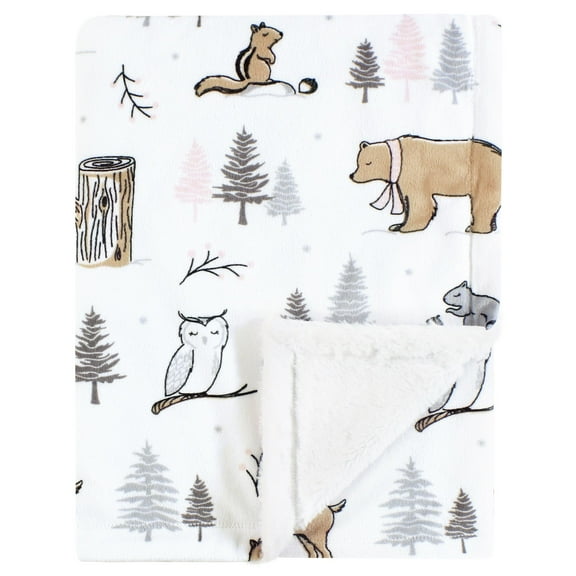 Hudson Baby Girls Plush Blanket with Furry Binding and Back, Winter Forest, One Size