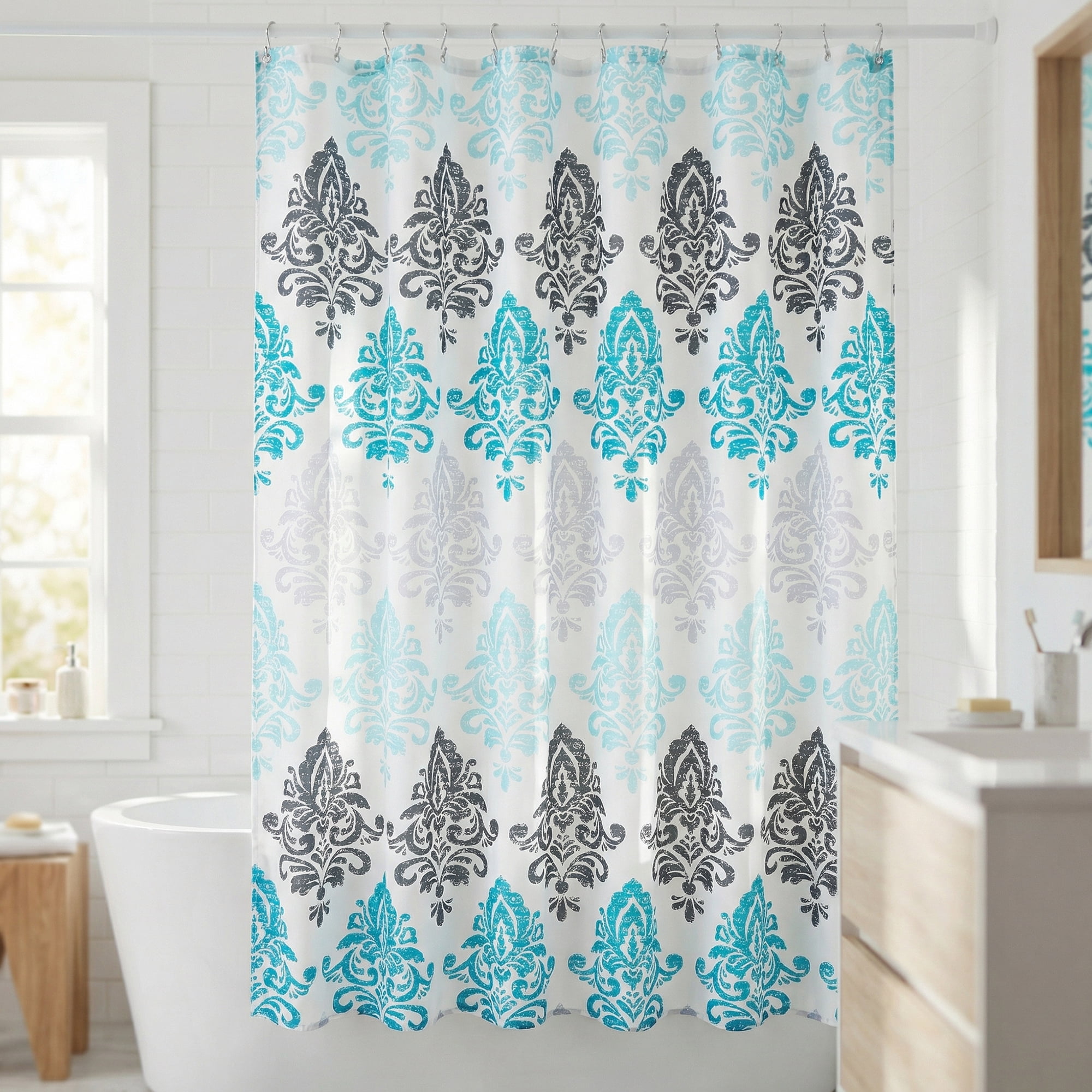 Unique Bargains Bohemian Waterproof Shower Curtain Sets with Hooks Turquoise 71"W x 71"L