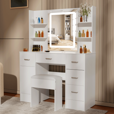 Ciumeeo Vanity with LED Lighted Mirror Makeup Dressing Table with 5 Drawers and Stool White Vanity Set for Bedroom