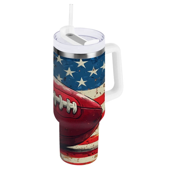 Football on American Flag Tumbler with Handle and Straw Lid 30 oz Insulated Vacuum Water Bottle Stainless Steel Travel Cup