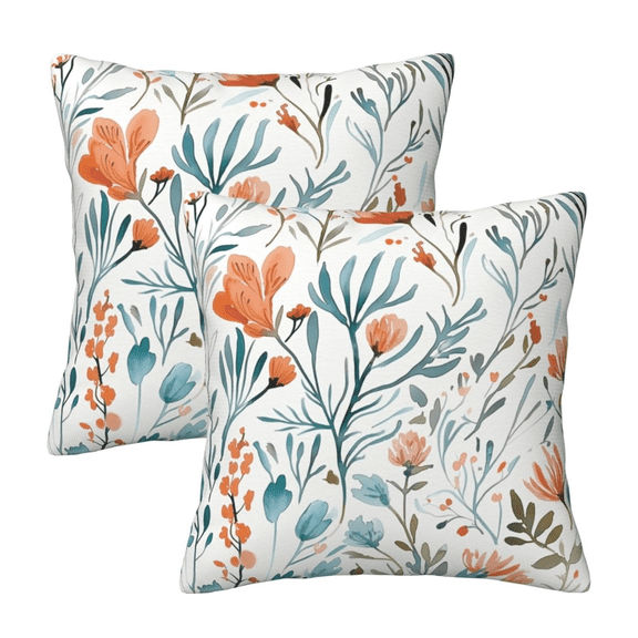 Turquoise Orange Floral Throw Pillow Covers 18x18 in Set of 2 Decorative Teal Orange Flower Square Pillowcase Pillowcovers for Couch Living Room Sofa Bedroom