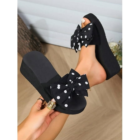 

Women‘s Polka Dot Bowtie Design Thick Heel Slipper For Indoor & Outdoor Use Black Wedge Home Slipper