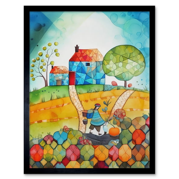 Farmer Heading Home Folk Art Watercolour Painting Art Print Framed Poster Wall Decor 12x16 inch