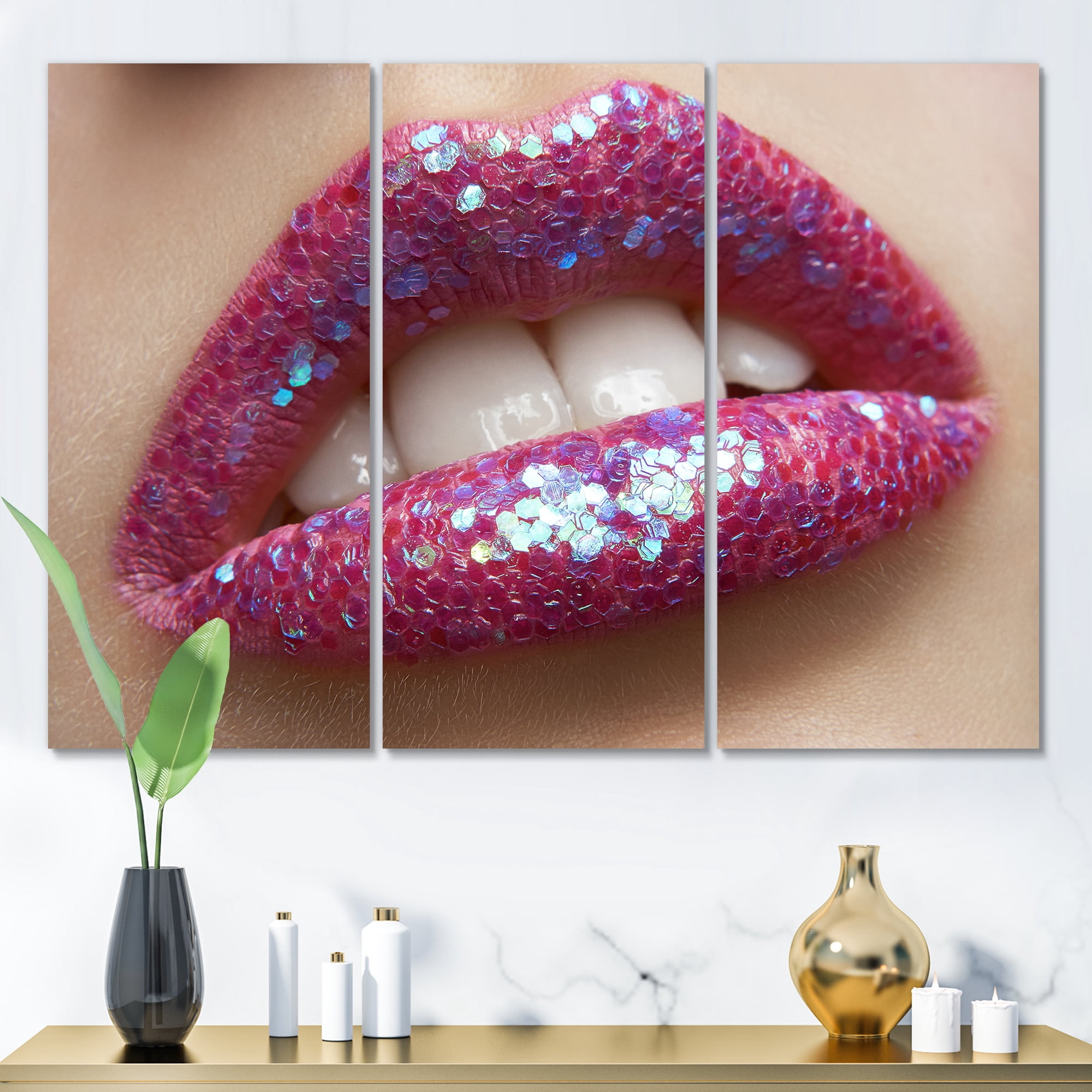Designart ' Girl Lips Pink Lipstick and Sequins ' Modern Canvas Wall Art Print