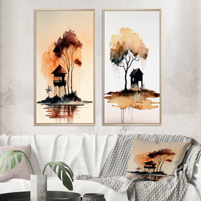 Designart "Lonely Autumn Watercolor Scene I" Landscape Forest Framed Wall Art Set Of 2 - Country Orange Frame Gallery Set For Office Decor