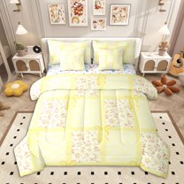 Homewish Girls Floral Flower Bedding Comforter Set 7 Pieces, Orange Checkered Full Bedding Set, Cute Bow Knot Fitted Sheet Flat Sheet, Super Cozy Room Decor