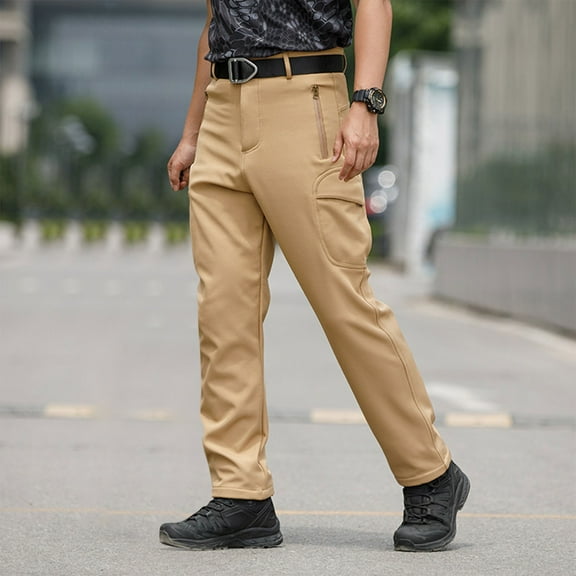 Chbgutlmr Fleece Lined Pants for Men Straight Leg Button Waist Trousers with Zip Pockets Casual Fitted Warm Trousers