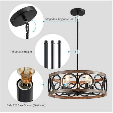 Drum Chandelier Rustic Pendant Lighting For Living Room Dining Bedroom Black Reclaimed Oak Style Wood Finish With Round Metal Shade Ceiling Light Canada Drum Chandelier Rustic Pendant, Plug In Hanging Light Fixtures Menards