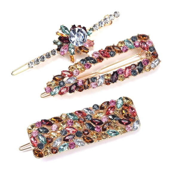 Colorful Crystal Hair Barrettes, Rhinestone Hair Clips for Women, Sparkly Barrettes for Everyday Wear & Party Hairstyles, Hair Accessories for Girls & Women(RL 3 PCS)