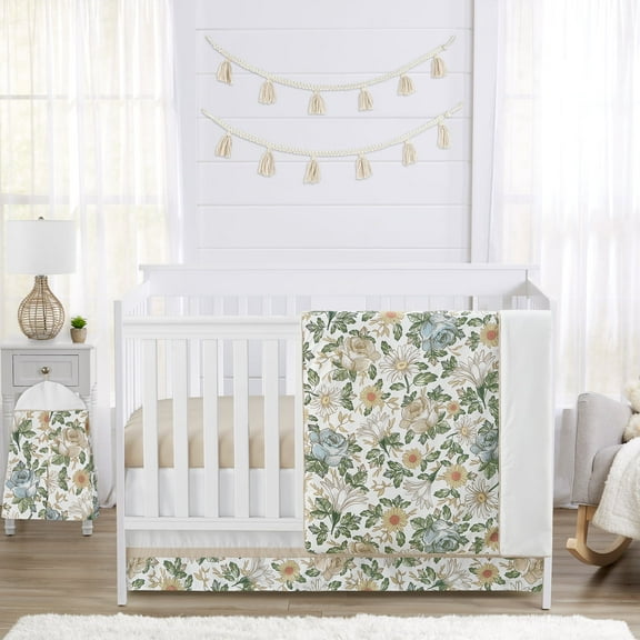 Sweet Jojo Designs Vintage Floral Blue Yellow and Beige 4 Piece Crib Bedding Set