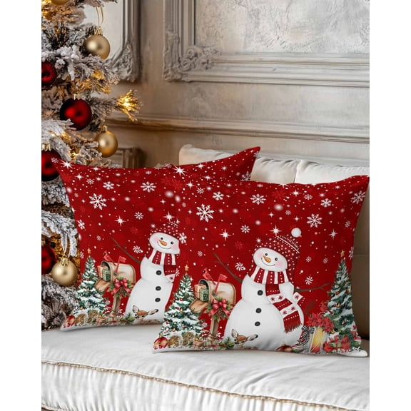 Christmas Decorative Throw Pillow Covers 20x20 Inch Set of 2 Red Snowman Pillow Cases for Couch, Christmas Tree Snowflake Poinsettia Cushion Case for Living Room Bedroom Bed Car Chair