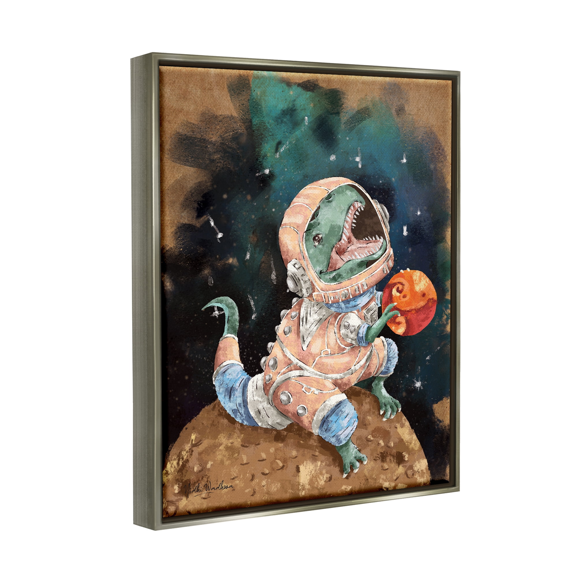Stupell Industries T-Rex in Outer Space Animals & Insects Painting Gray Floater Framed Art Print Wall Art, 17 x 21