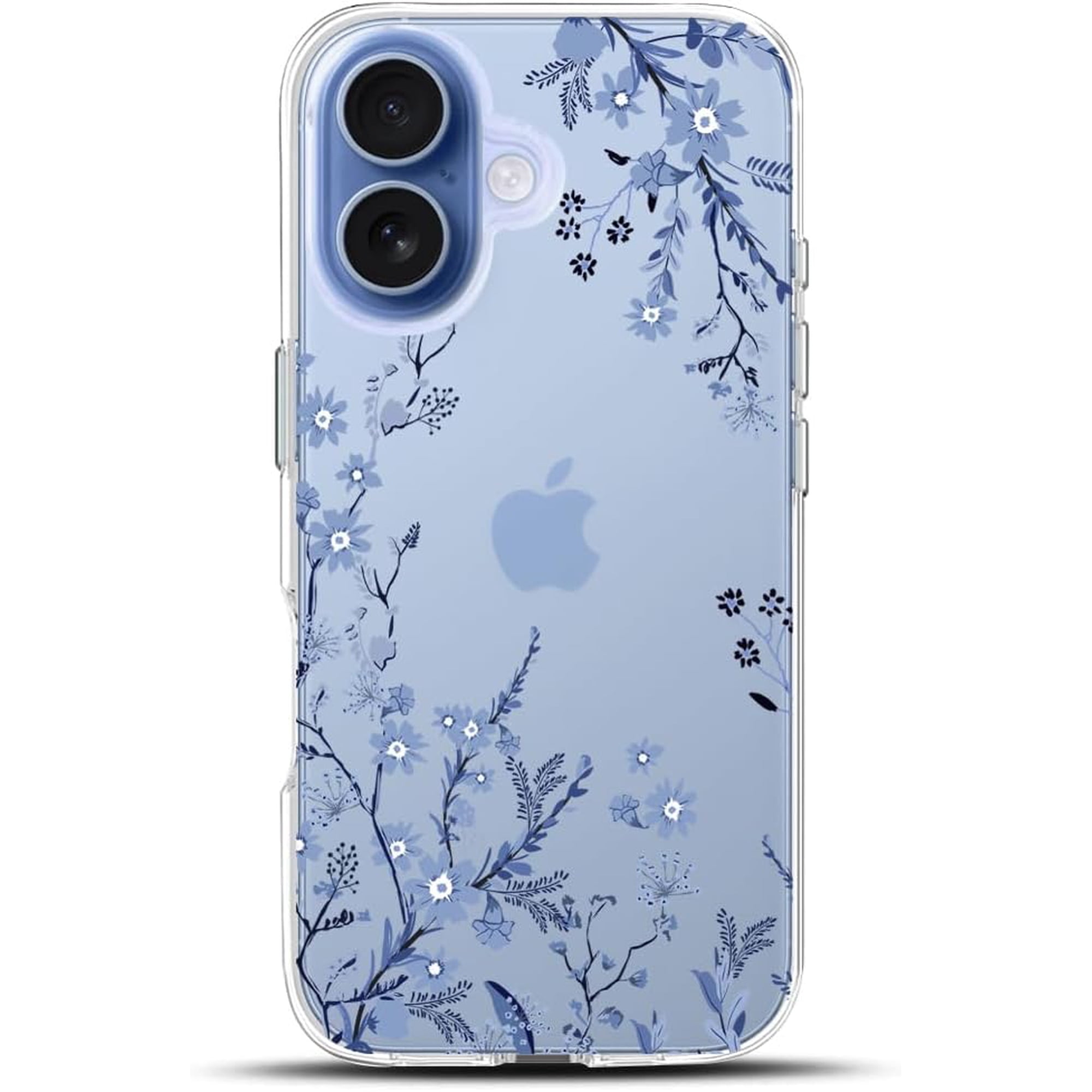 Compatible with iPhone 16 Case, Clear Floral Blue Flower Shockproof Protective Bumper Hard Back Slim Cute Clear Phone Cover for Women Girls 2024 6.1", Blue Floral 16