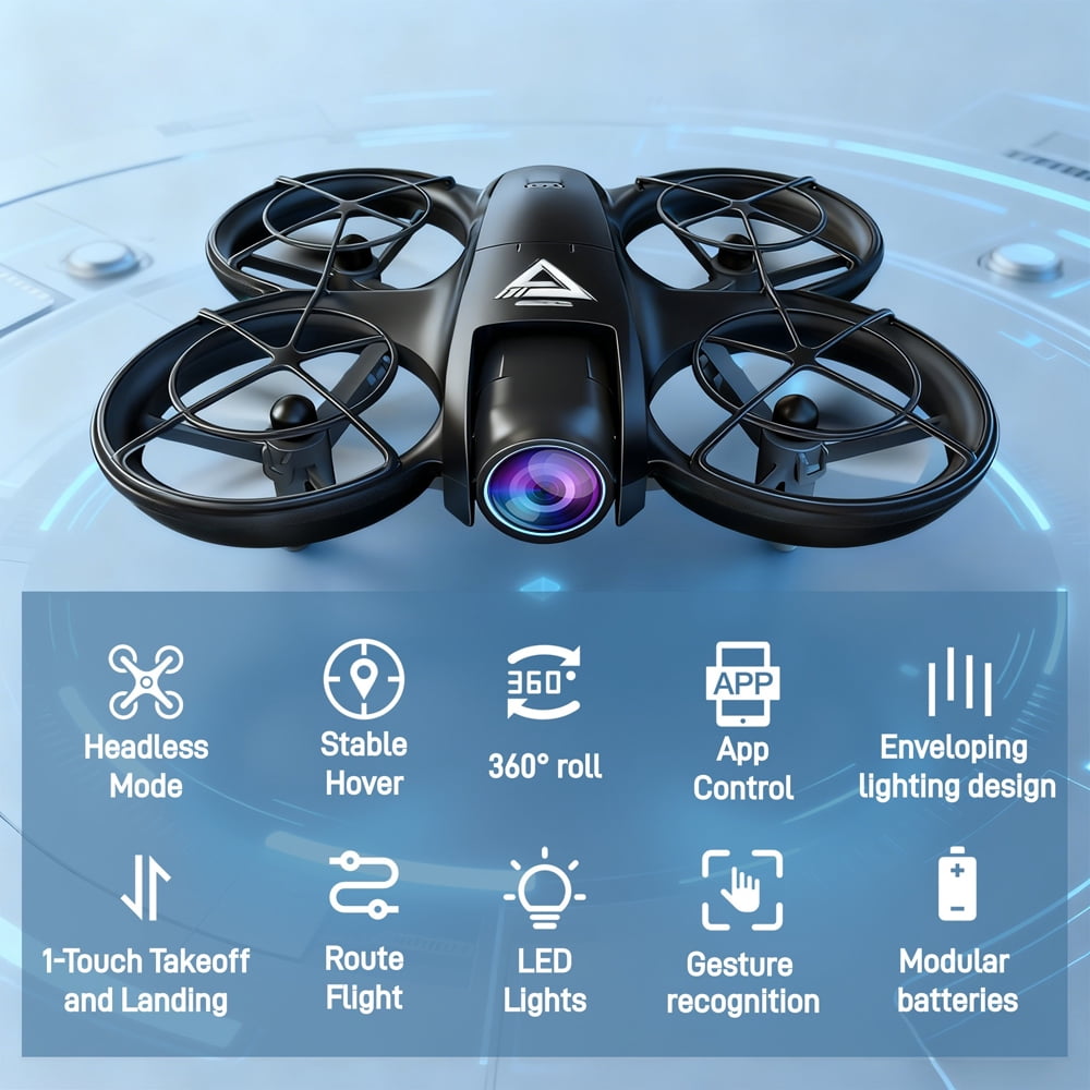 Drone with 4K Camera for Kids & Beginners, WiFi FPV RC Quadcopter with Altitude Hold, Headless Mode, 3 Speed, LED Lights, One Key Takeoff, Toy Gift for Boys, Black
