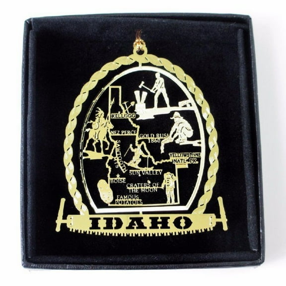 Idaho State Brass Christmas Ornament Black Leatherette Gift Box