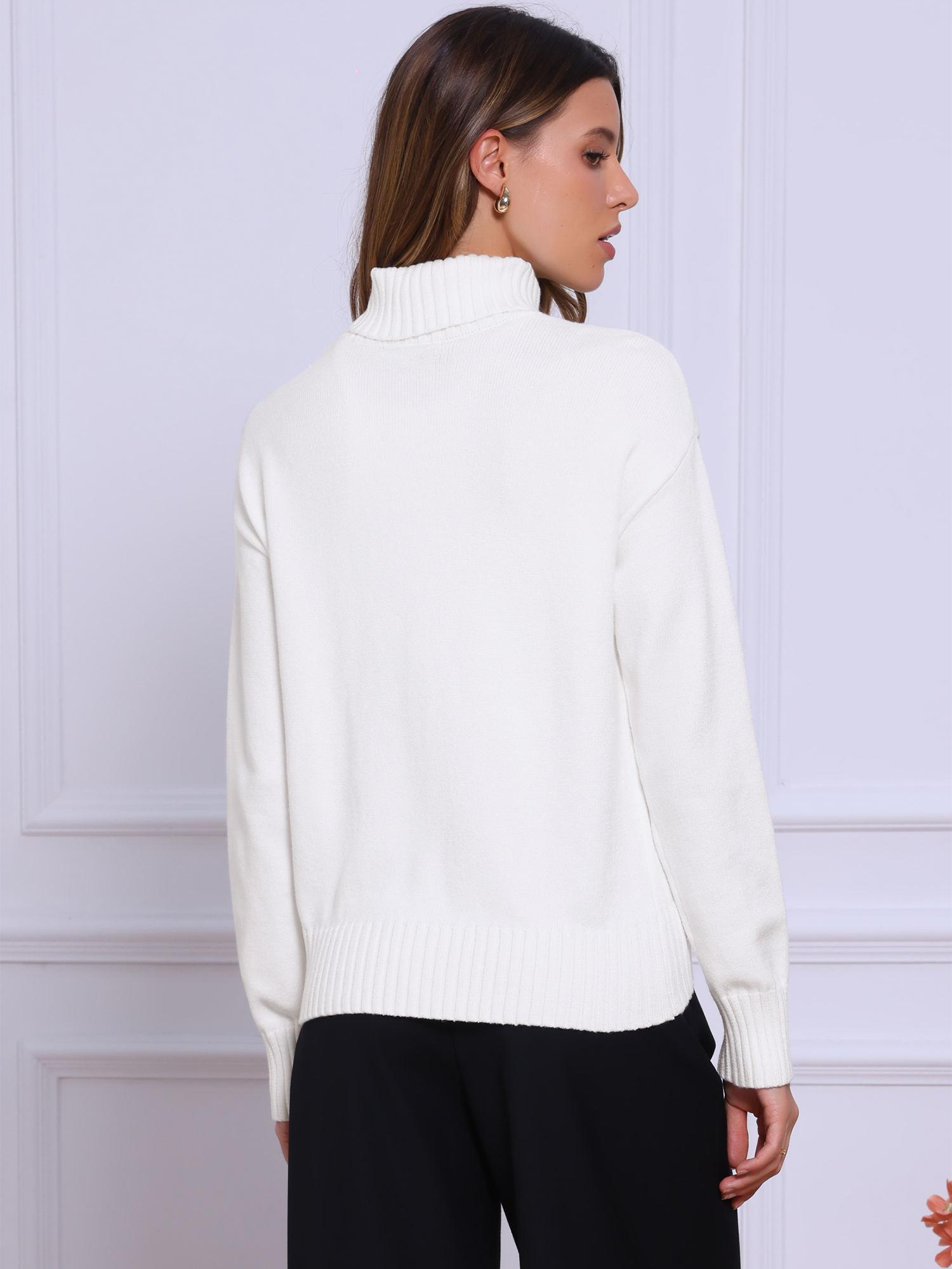 DARING DIVA Turtleneck Sweater Long Sleeve Knit Pullover Sweaters M White