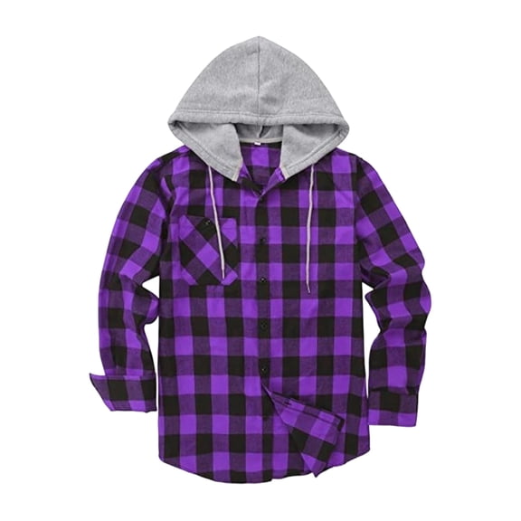 Lumtrix Mens Hooded Flannel Shirts Lightweight Long Sleeve Hoodie Shirt Casual Plaid Button Down Jackets with Pocket Purple L