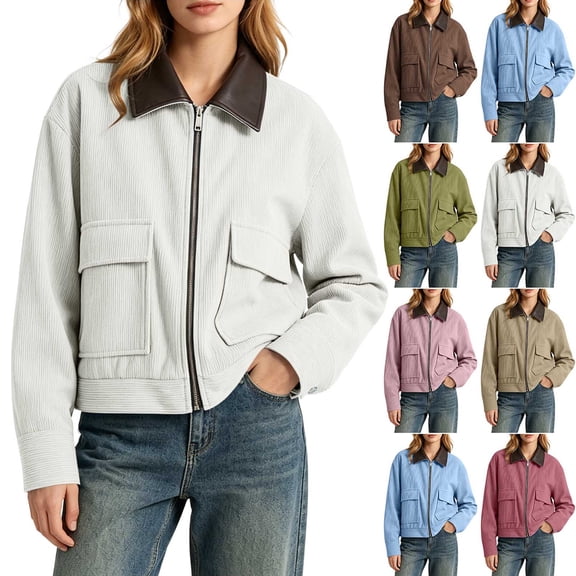 Smsaxvxz Womens Cropped Jacket Casual Corduroy Collar Barn Coat Lightweight Utility Zip Up Baseball Jacket with Pockets White S
