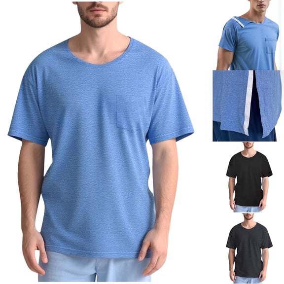 Lovzfmll Men's Post-Surgery Recovery Shirt, Tear-Away Short Sleeve Top with Full Side Snap Buttons & Pockets, Medical Comfort Wear