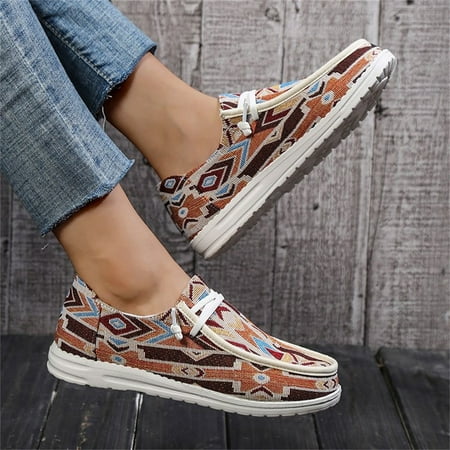 

Women‘s Geometric Print Canvas Shoes Low Top Lace Up Round Toe Casual Shoes Women‘s Comfy Walking Shoes