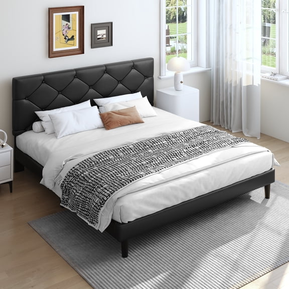 Queen Bed Frame with Upholstered Faux Leather Headboard, UHOMEPRO Black Platform Bed with Wood Slats, No Box Spring Needed, Modern Bed Frame