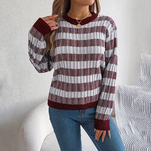 Suéter de cuello redondo para mujer, top de punto a rayas, blusa de manga larga con cuello redondo, suéter de moda, top acrílico para mujer