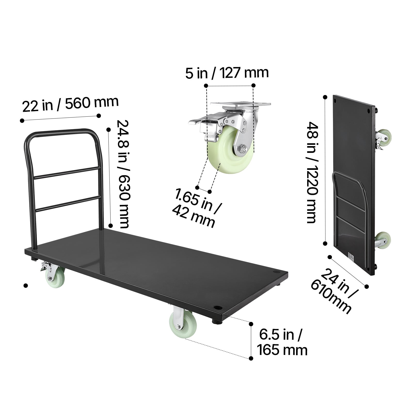 VEVOR Heavy Duty Platform Truck, 2000 lbs Capacity, Industrial Steel Flatbed Cart with Swivel Wheels and Handle, Platform Hand Push Truck Dolly, Easy Storage, for Luggage Moving, 48 x 24 x 32.1 in