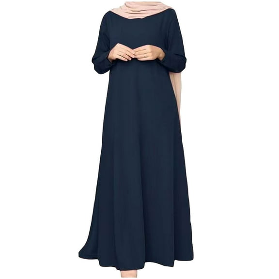 MIUOWANP Plus Size Dresses for Women Plus Size Hot Sell Casual Clothing Women's Fashion Summer Loose Long Sleeve Round Neck Solid Color Ankle-length Dress Size XXL Dark Blue