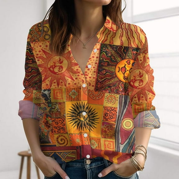 Boho Folk Art Linen-Look Shirt,Cottagecore Blouses Shirt,Vintage Hippie Casual Shirt,Psychedelic Women Shirt,Button Down Shirt
