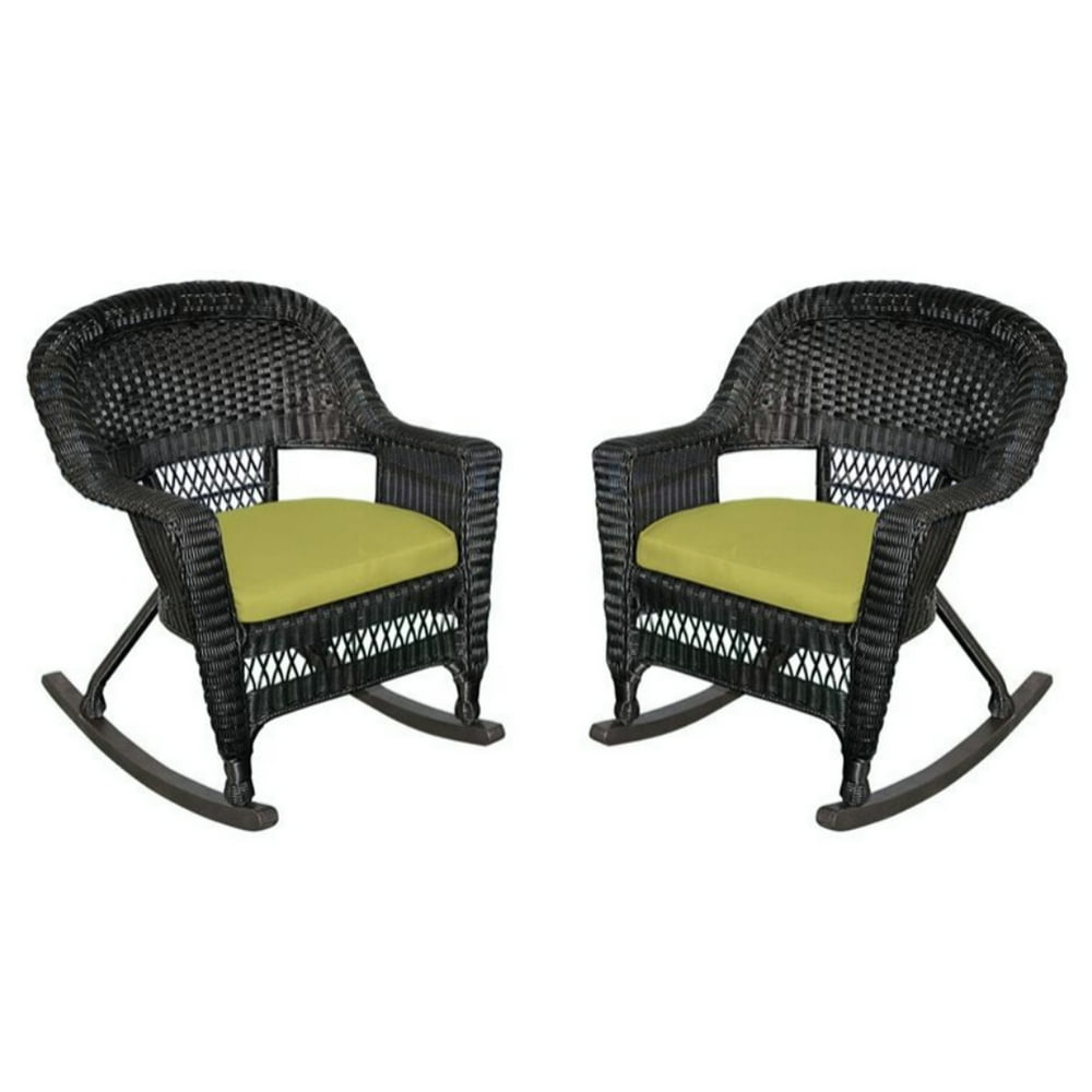2-Piece Tiana Black Resin Wicker Patio Rocker Chairs Set with Green