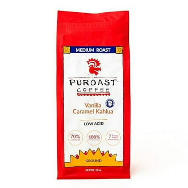 Puroast Low Acid Coffee Ground Vanilla Caramel Kahlua, Medium Roast, Certified Low Acid Coffee, pH 5.5 , Gut Health, 12 oz., Higher Antioxidant, Smooth for Espresso, Iced Coffee, Flavored Coffee